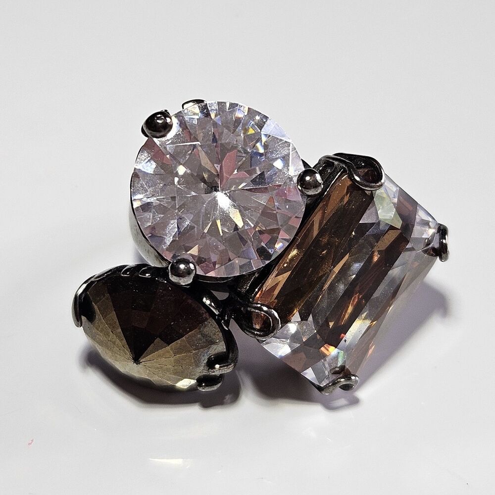 Henri Bendel Triple Crystal Cocktail Statement Bling Ring Size 7 - Picture 14 of 14